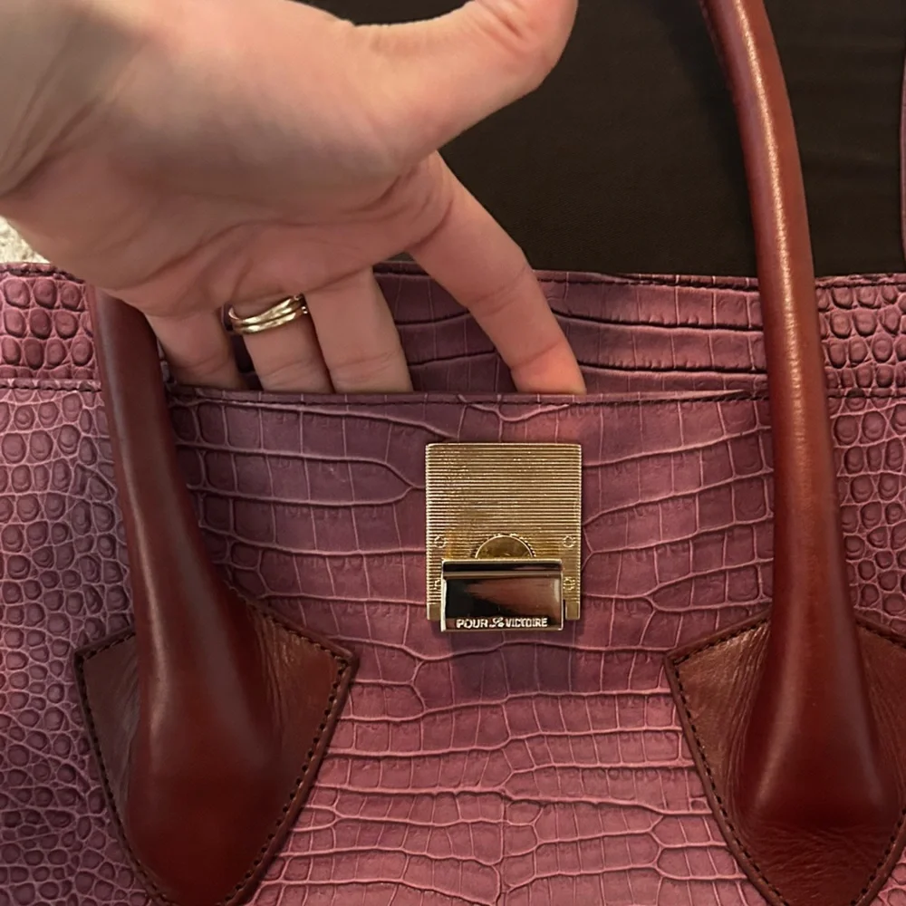 POUR LA VICTORIE Croc Embossed‎ Handbag with Suede Details